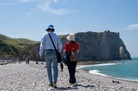 [Translate to Néerlandais:] A couple seen from behind wearing sun hats walks along a pebble beach toward the dramatic limestone cliffs of Étretat by the blue sea in Normandy.